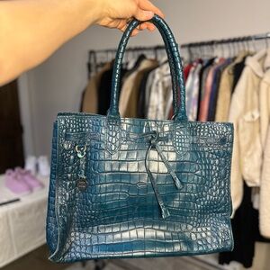 Dooney & Bourke Croco Embossed Leather Tote – Large Zip Shopper – Teal / Blue